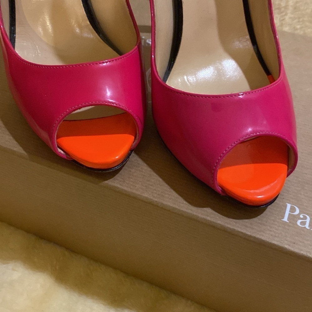 Christian Louboutin Flo Sling 120 Patent Rose Matador/Flame Pink Heels size 38 - Picture 3 of 7